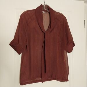 New York & Company Sheer Maroon Blouse with Tie Neck and Glittery Thread